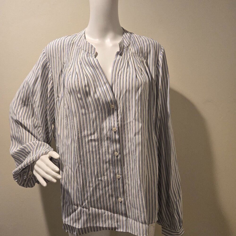 Nwt Frame Silk Button Down Striped Shirt Powder Blue Multi L